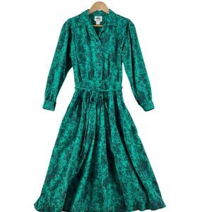 Vintage 80s Lanz Originals Style 112 Womens SZ 6 Teal Black Floral Shirt Dress